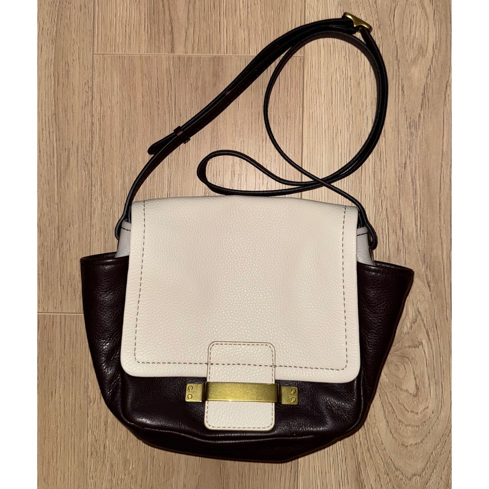 Fossil Crossbody Bag Women‎ Burgundy Cream Pebbled Leather Flap Brass Hardware